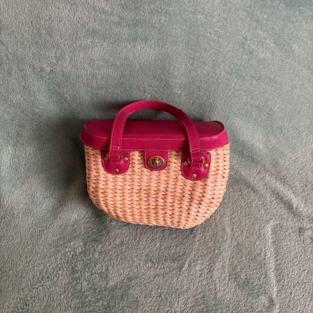 Vintage Vegetable Fiber Woven Basket Purse Top Handle Bag Pink Tan mirror - Picture 6 of 14